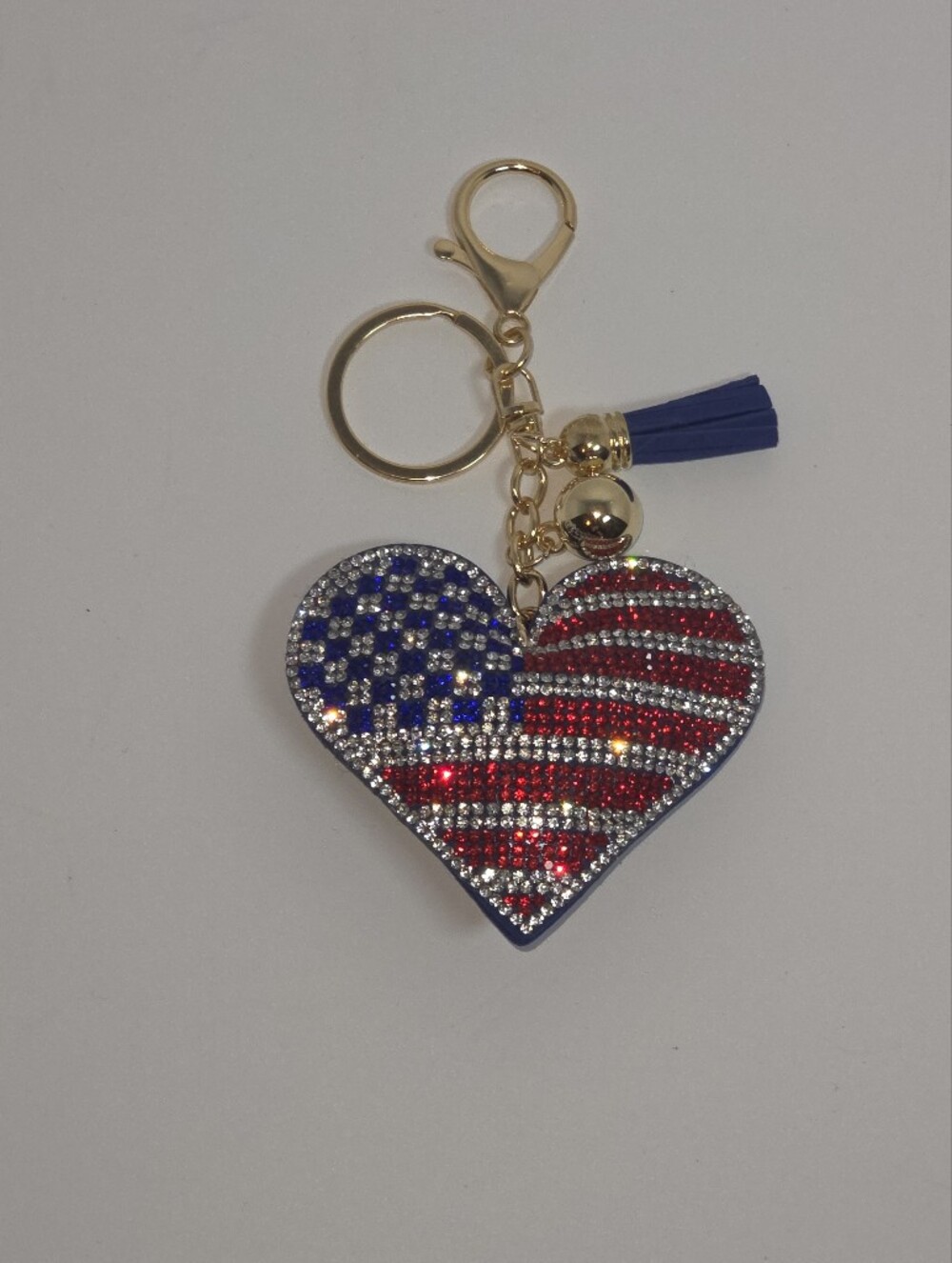 Crystal American Flag Heart Keychain with Tassel